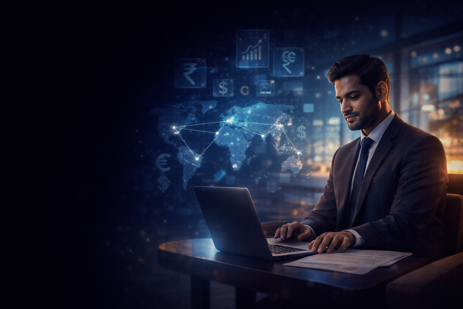 NRI financial consultant managing global investments with world map and currency symbols