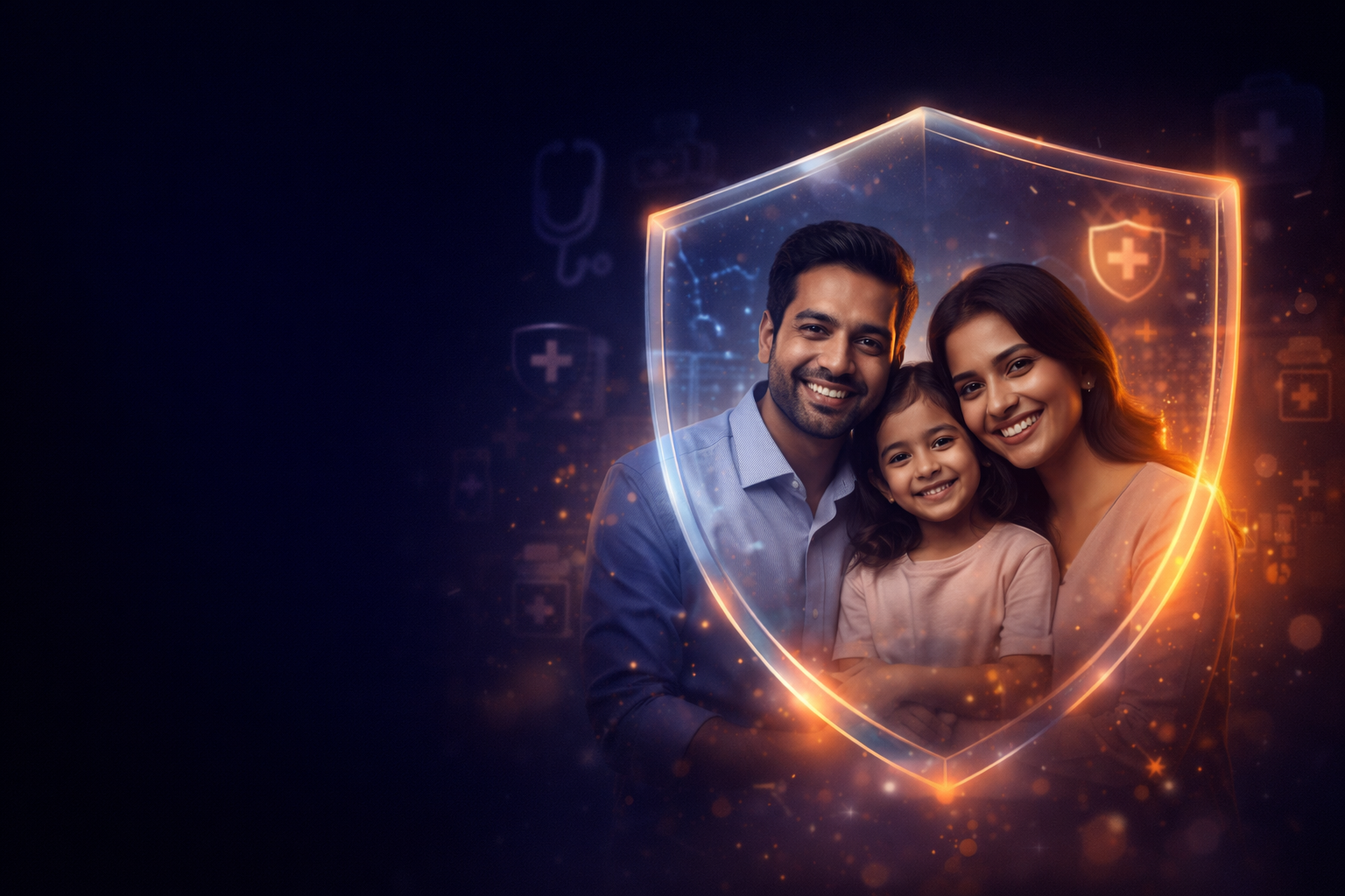 Happy family protected inside a glowing insurance shield
