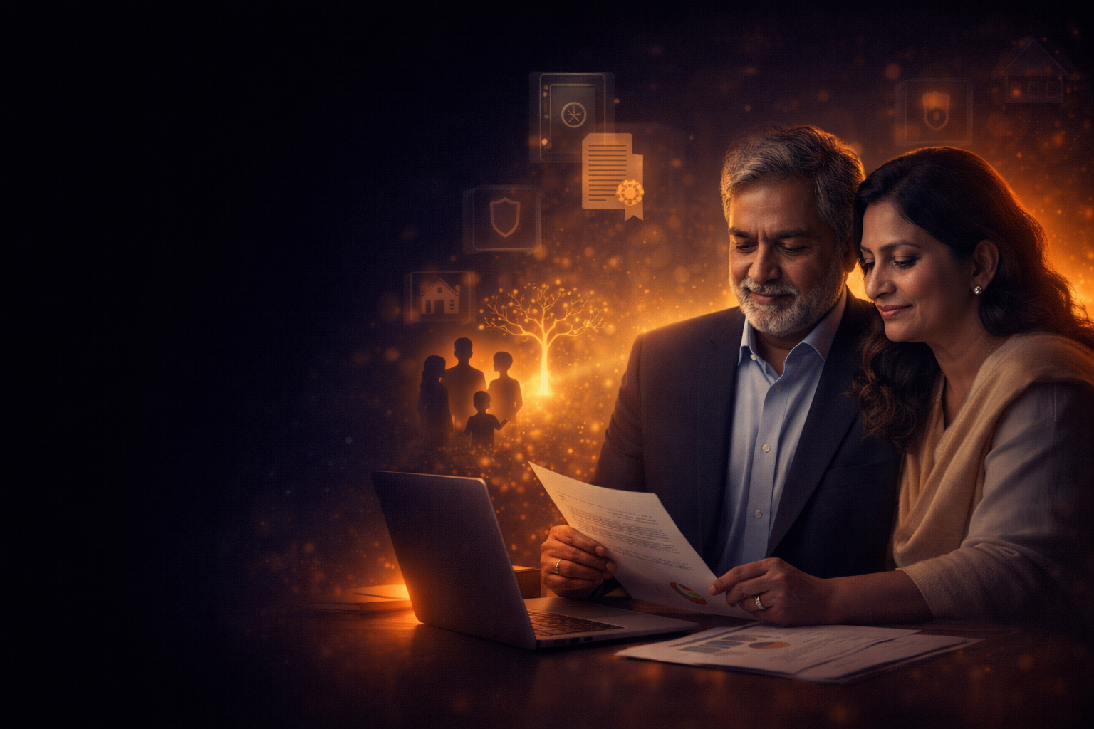 Couple reviewing estate planning documents together with family silhouettes and insurance icons