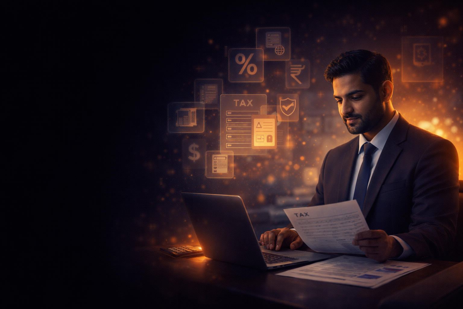 Tax consultant reviewing ITR documents with digital tax icons and calculators